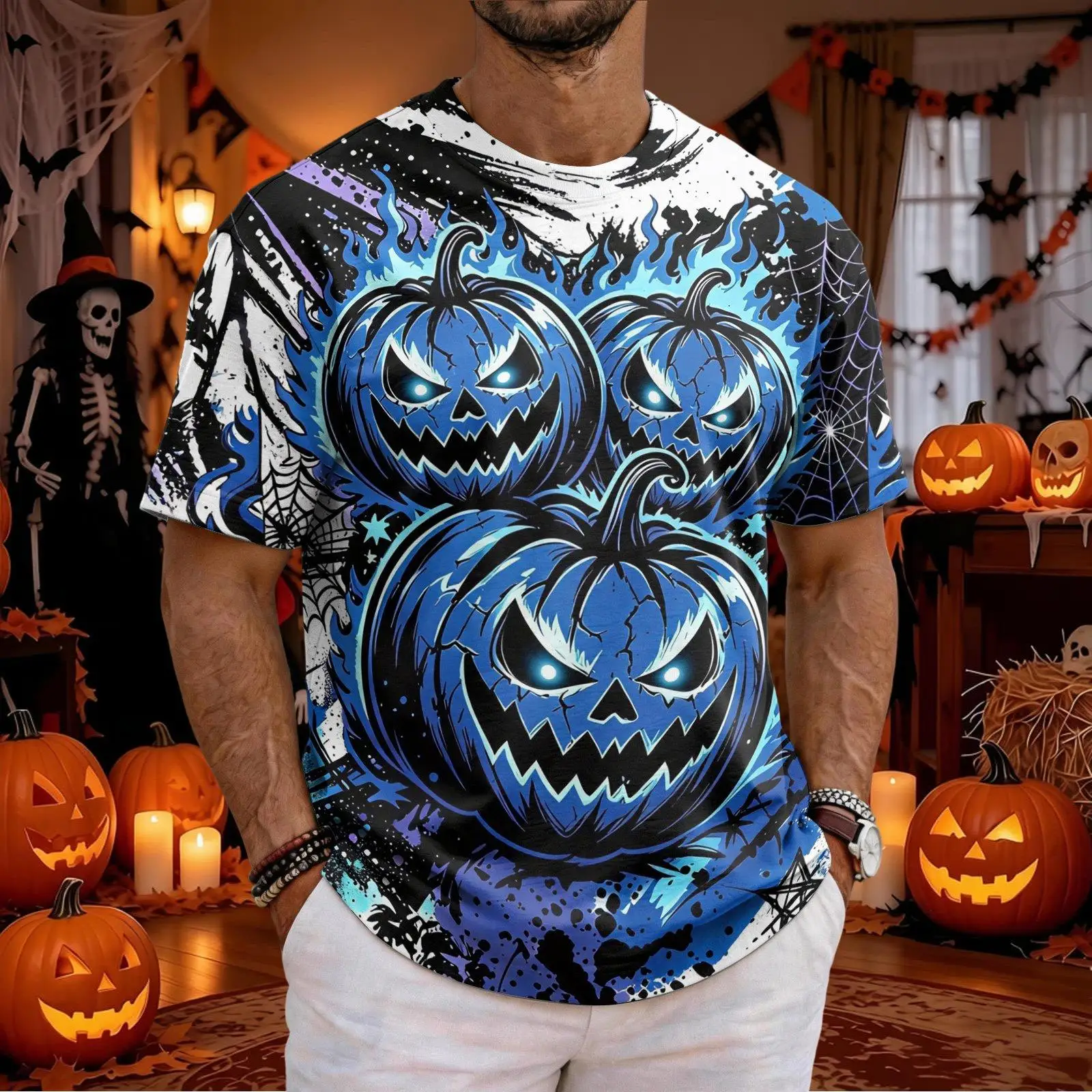 Men Halloween Scary Pumpkin Face 3D Print T‑Shirts Spider Web Graphic Short Sleeve O‑Neck Casual Party Holiday Tee Tops
