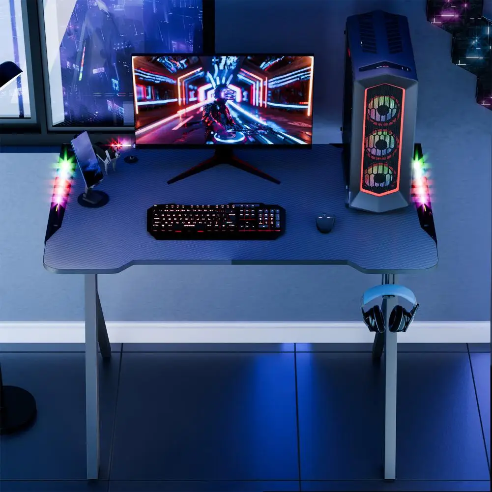 Carbon Fiber Surface Gaming Table, Large Gaming Computer Desk, X-Shaped Legs PC Workstation Desk with Cup Holder & Headphone Hoo