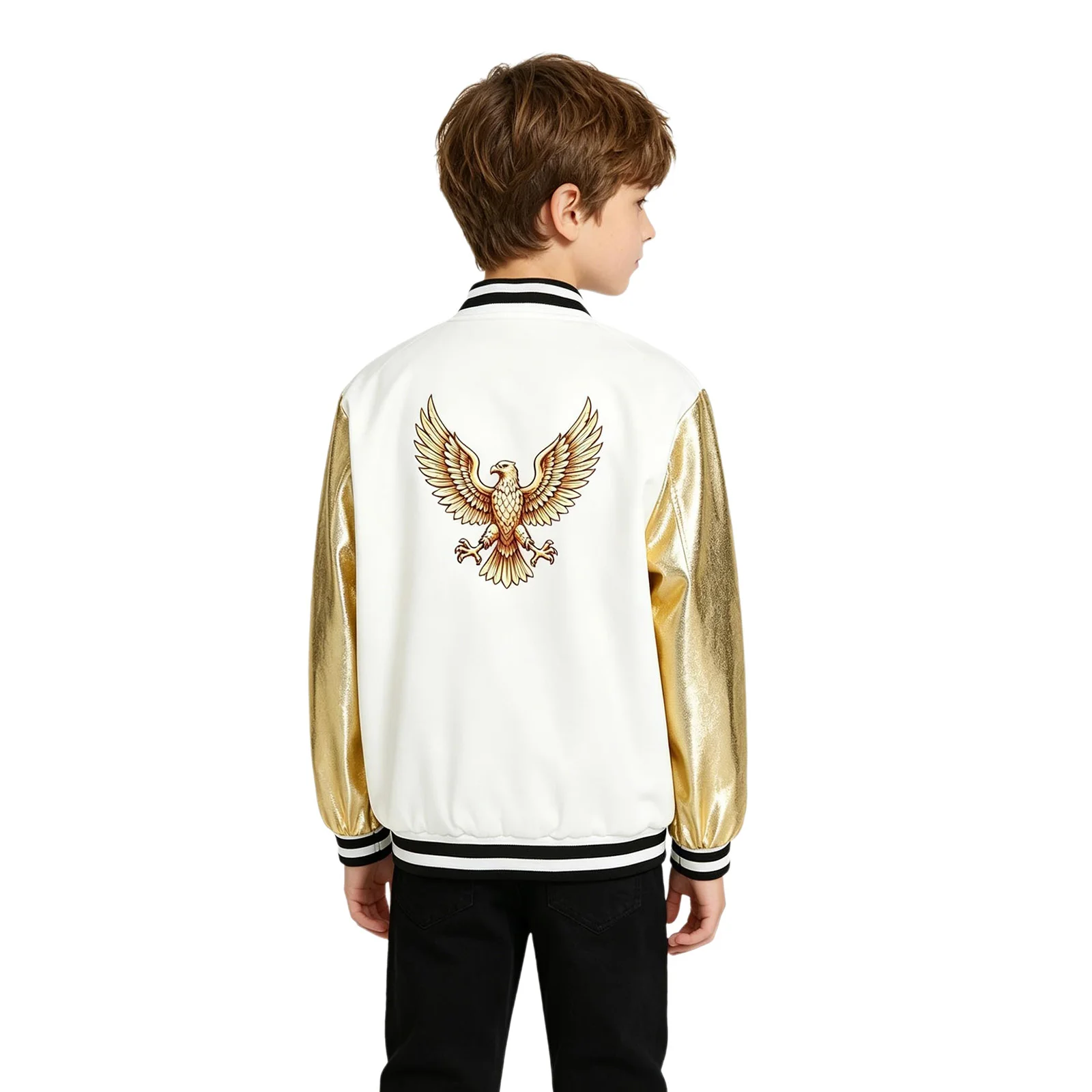 Boys Girls Kids Baseball Jacket Metallic Shiny Long Sleeve Eagle Printed Bomber Outwear Hip Hop Street Dance School Daily Wear