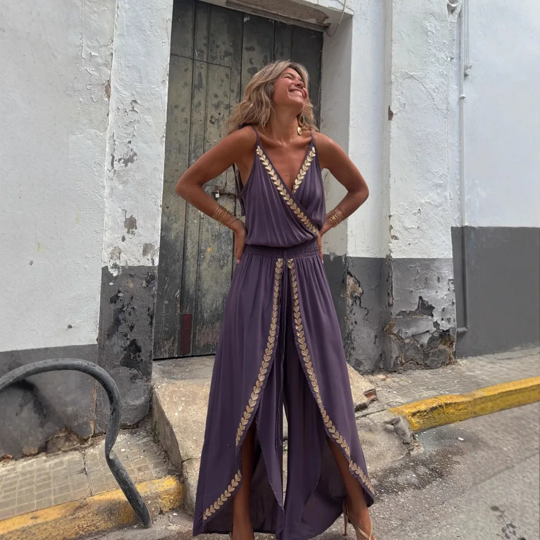 

Retro Gold Ribbon-trimmed High-waist Jumpsuit Elegant Sexy V-neck Loose Suspender Summer Casual Sleeveless Thin Street Jumpsuit