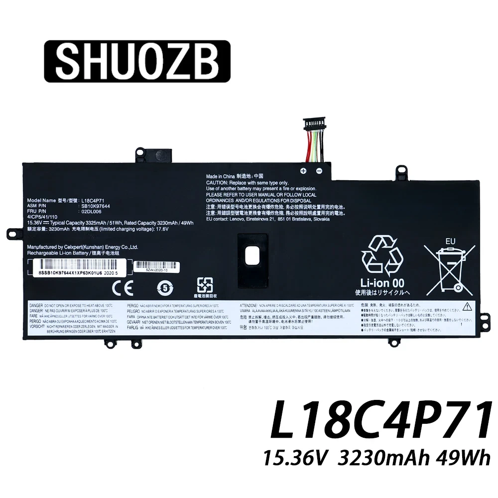 

SHUOZB L18C4P71 L18M4P72 Laptop Battery For Lenovo Thinkpad X1 Carbon 7th 2019 2020 Series L18L4P71 02DL004 02DL005 SKB10K97642