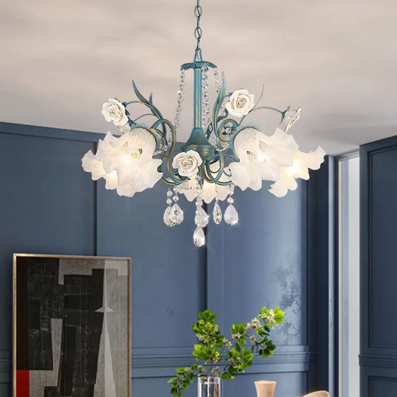 

European style living room crystal lamp, rural countryside chandelier, Mediterranean style blue floral lighting decoration