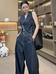 Summer Women's Denim Pants Suit Sleeveless V-neck Single Breasted Split Top Vest High Waist Wide Leg Pants 2024 Lady Sets