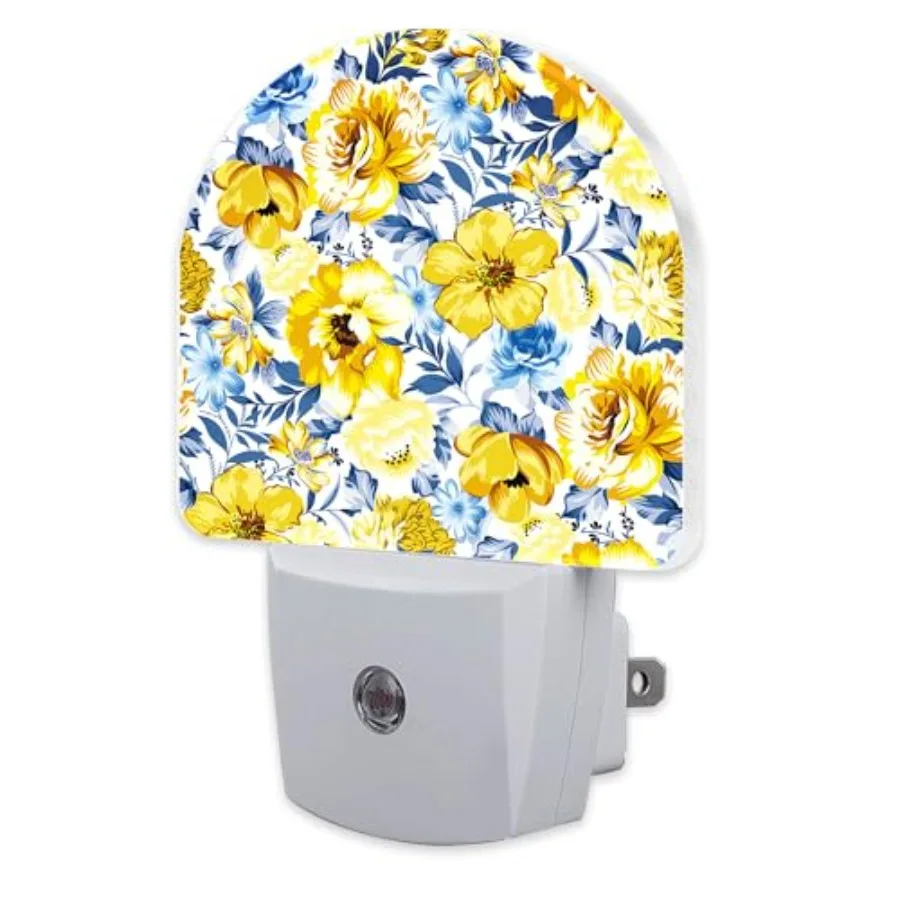 

Retro Yellow Blue Flowers Night Light, Watercolor Floral Dusk to Dawn Night Light Plug in, 0.5w Energy Saving Sleep Friendly Ni