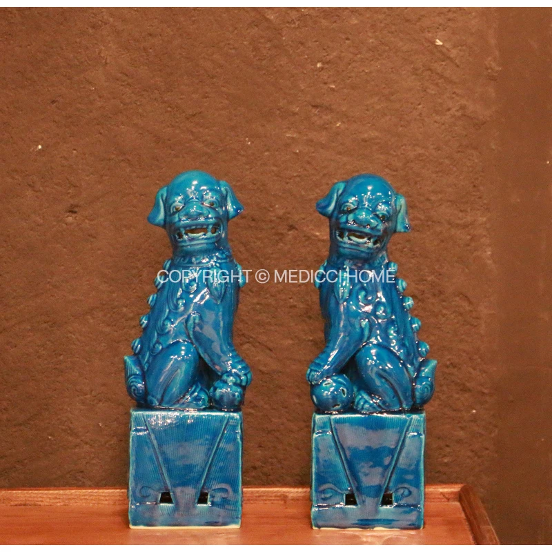 Medicci Home GG Style Mystical Animal Lion Dogs ornamenti in ceramica un paio di articoli per l\'arredamento blu retrò portico Desktop Decor