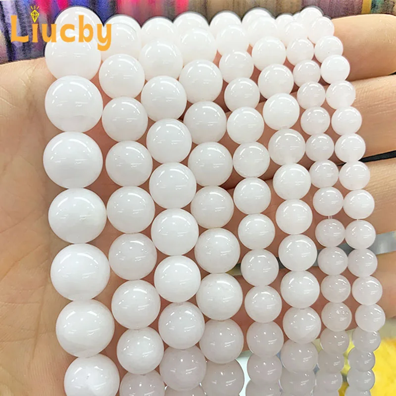 Naturalne chińskie jadeity porcelana biały chalcedon kamień okrągłe koraliki do tworzenia biżuterii DIY akcesoria do bransoletek 4/6/8/10/12/14MM