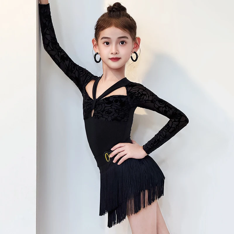 Vêtements latins pour filles, tenue de spectacle de danse noire, body à manches longues, jupe d'entraînement à franges, vêtements de danse Samba, nouvelle collection 2025 2162
