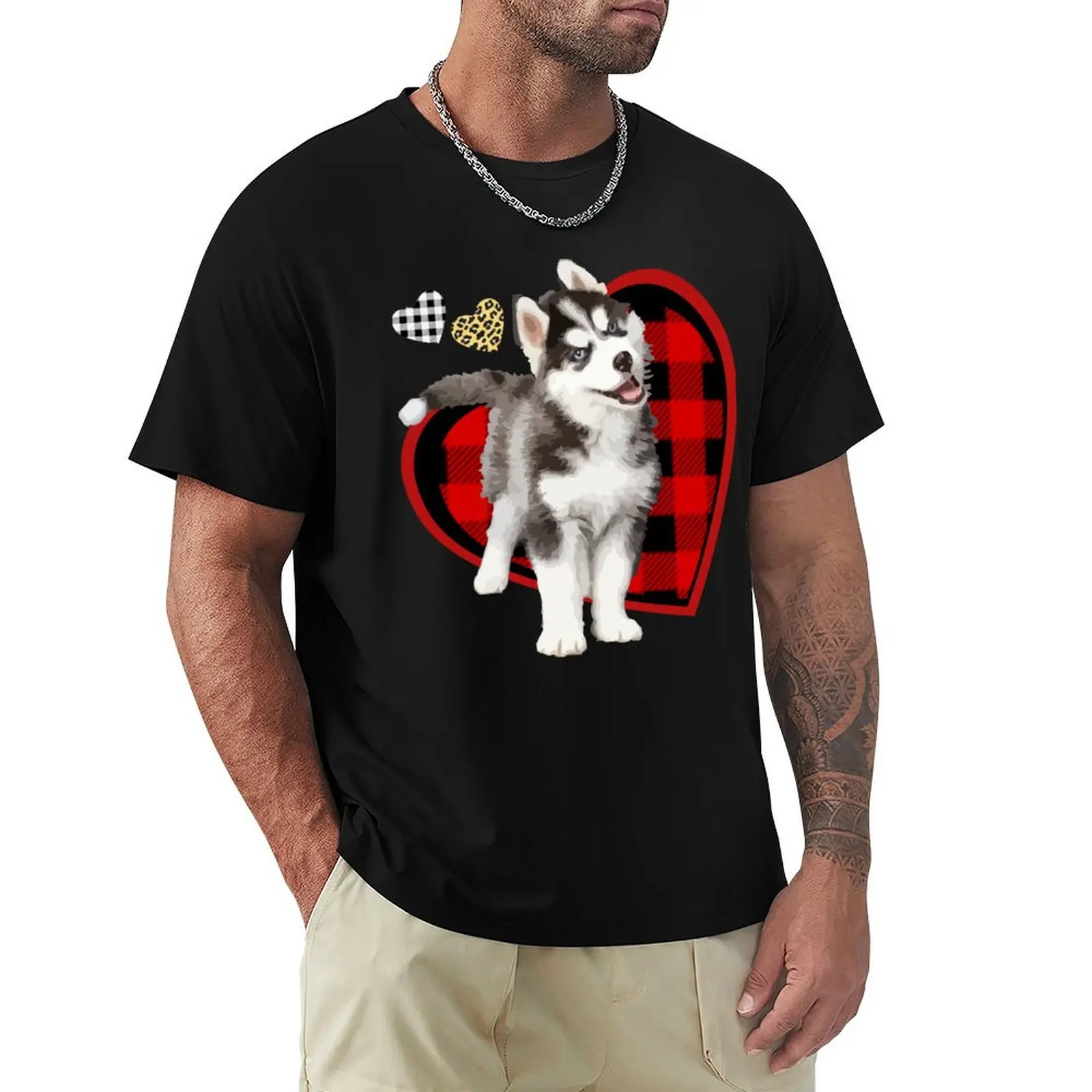 

Pomsky Love Black Red White Plaid Leopard Hearts T-Shirt customs Funny t-shirt funny t shirts men