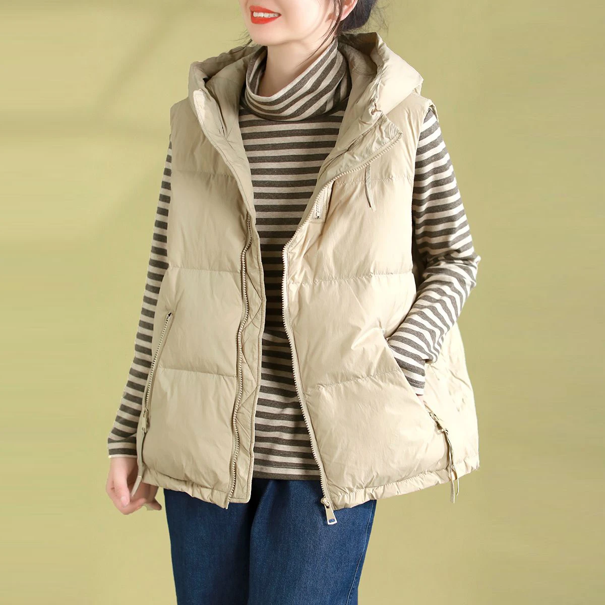 

Original White Du down Vest Autumn Winter Lightweight ort Svel Hood Double Zipper Commute Sle Polyester Fiber