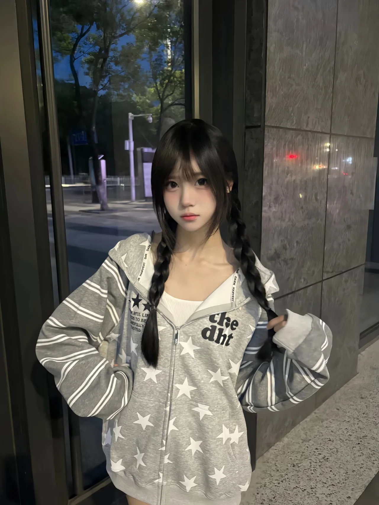Color Block Stripe Hoodie Zipper Jacket Women's Spring Autumn Design Star Print Couple Tops Loose Fit Student Suitable