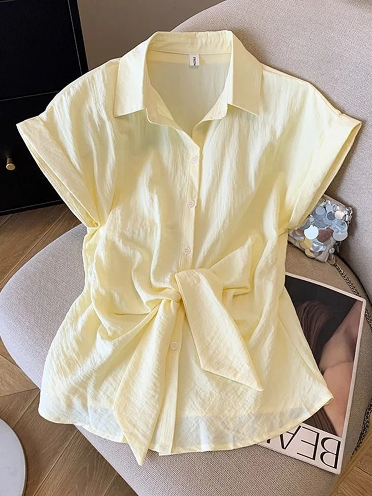 

Cute Bow Women Sweet Shirt Summer Fashion Solid Kawaii Ins Blouse Casual Chic Female Preppy Style Short Sleeve All Match Tops