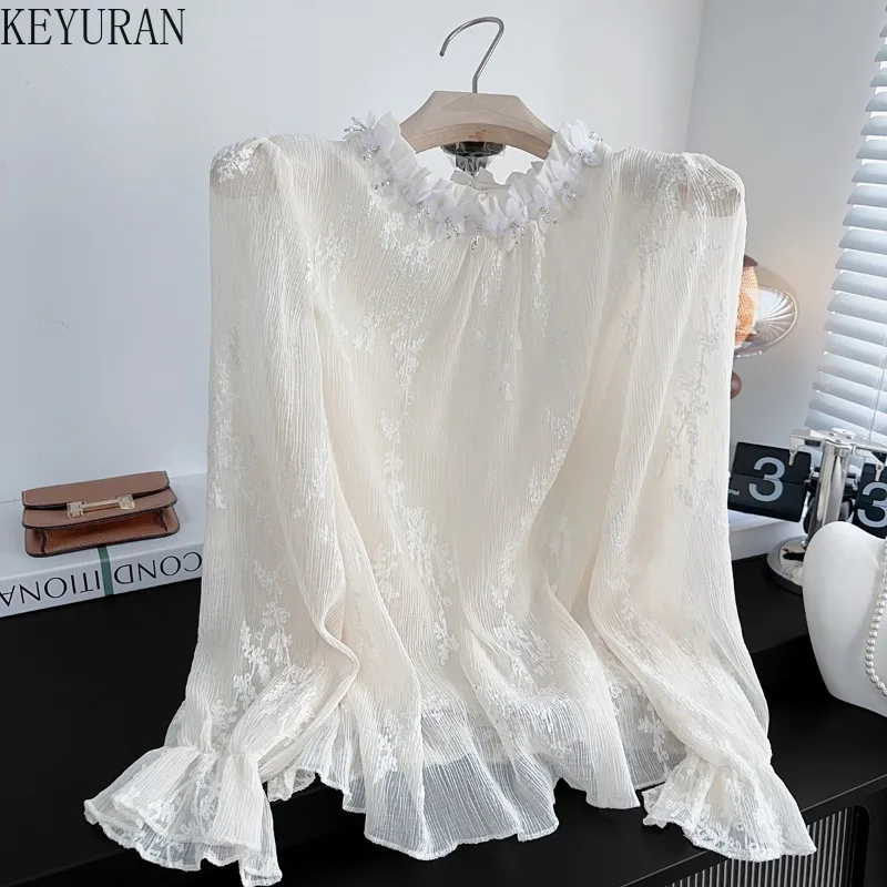 

Весна 2026: Женские блузки с 3D-жаккардом, длинным рукавом, свободного кроя, с бисером, воротником-стойкой, оборками, в придворном стиле, элегантные, универсальные топы