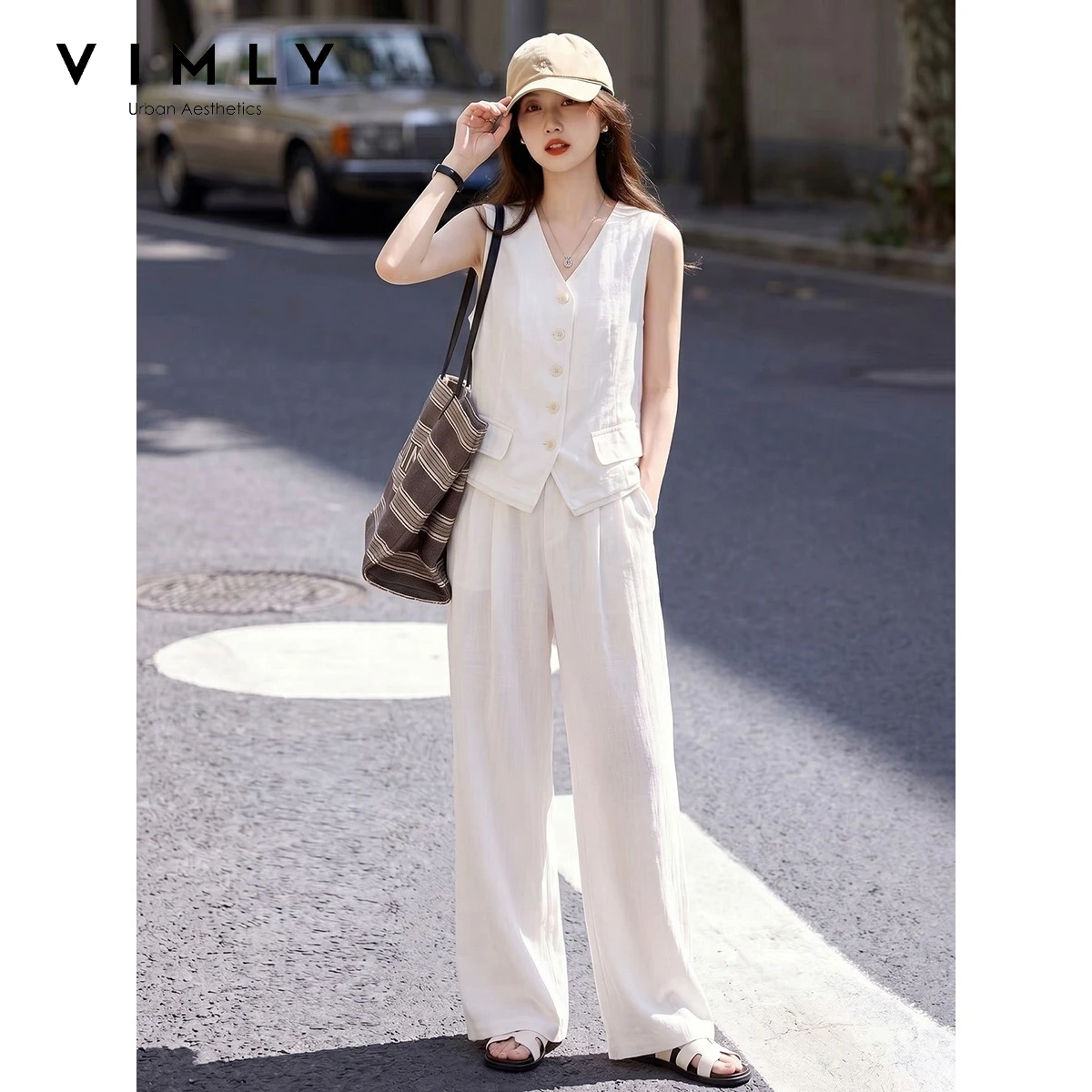 VIMLY White Old Money Two-piece Set Women Summer 2026 New Commuter Sleeveless Vest Wide-leg Baggy Pants Matching Outfit 31189