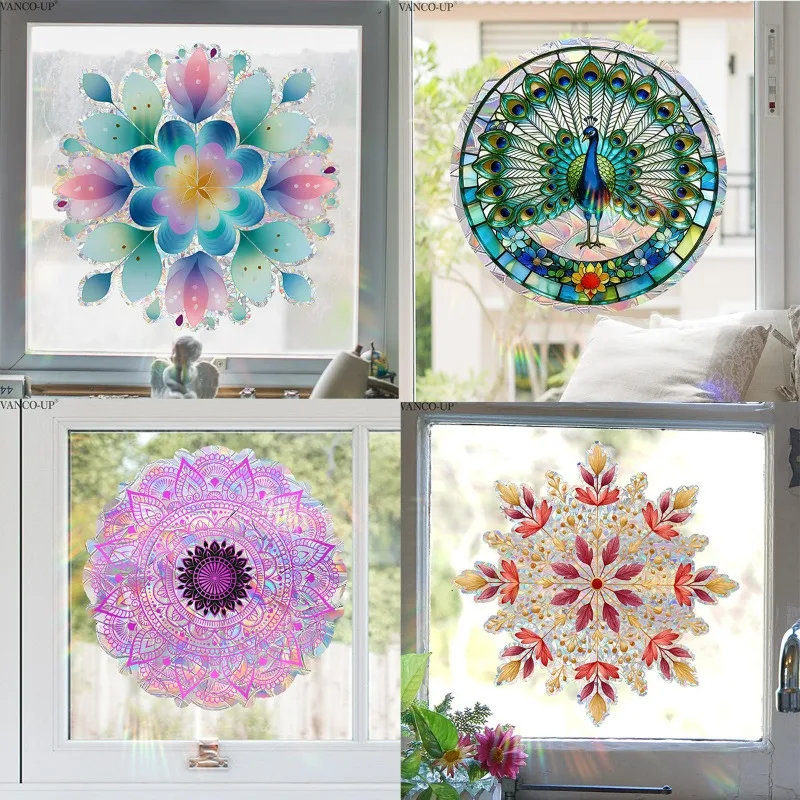 Purple Mandala Sun Catcher PVC Window Sticker Peacock Butterfly Datura Energy Suncatcher Wallpaper Rainbow Prisms Sunlight Decal