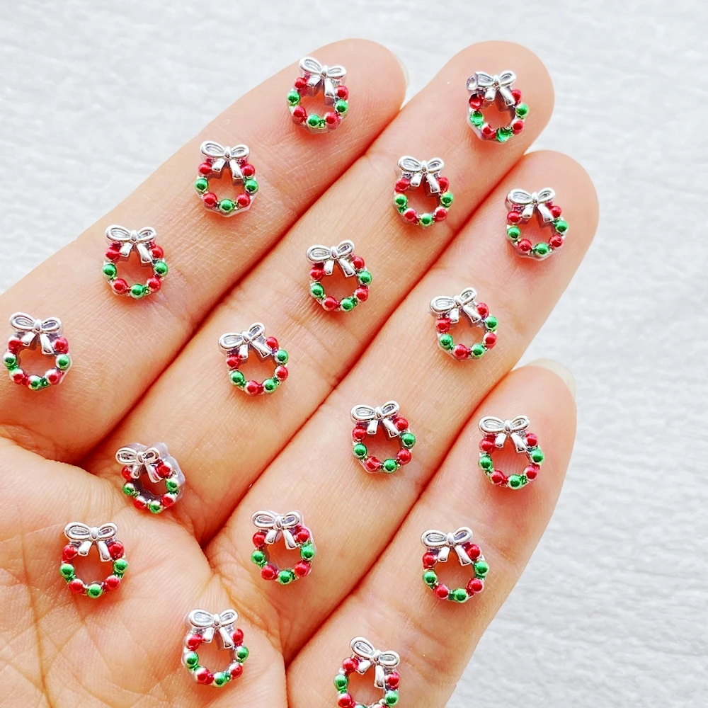 100Pcs Christmas Wreath Metal Nail Charms Mini Bow Wreath Rhinestones Stud 3D Nail Art Decorations DIY Manicure Accessories
