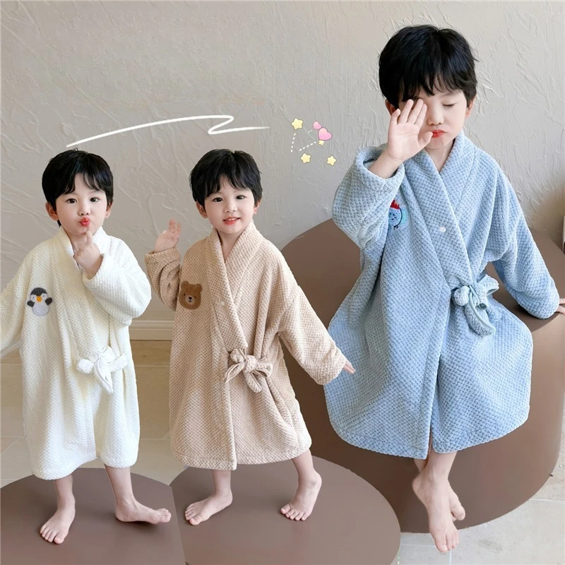 Waffle Flannel Boys Bathrobe Autumn Winter Loose Warm Cartoon Nightgown Baby Home Wear Sleepwear