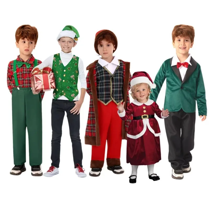 

Children Santa Claus Boys Girls Cute Christmas Party Role Play Suits Xmas Traditional Plaid Shirt Outfit Child Festival Clothes