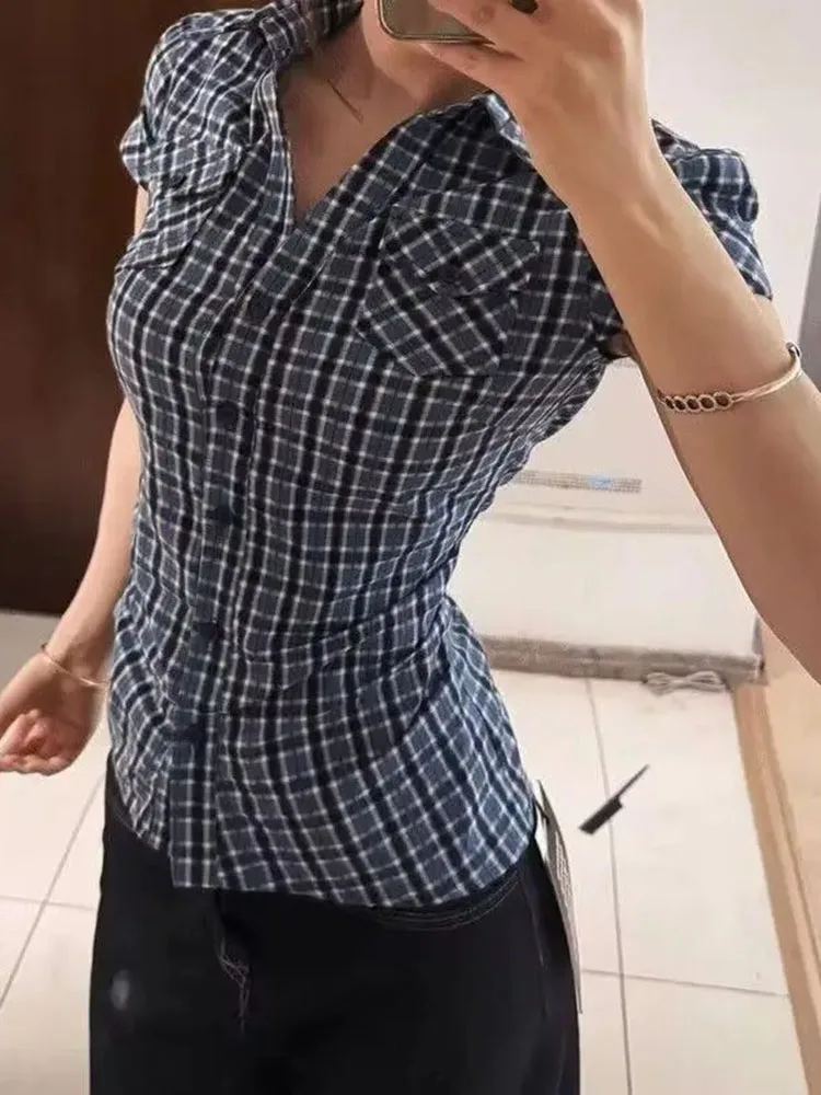 

Синие рубашки и блузки в клетку с коротким рукавом, летние топы для женщин, новая женская блузка в американском субкультурном уличном стиле