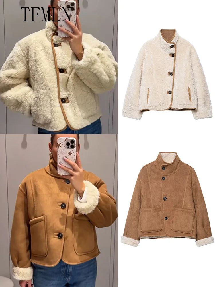 

TFMLN женская двусторонняя замшевая куртка 2025, зимняя куртка с воротником-стойкой, пальто из искусственного меха, уличная однобортная свободная шикарная женская верхняя одежда