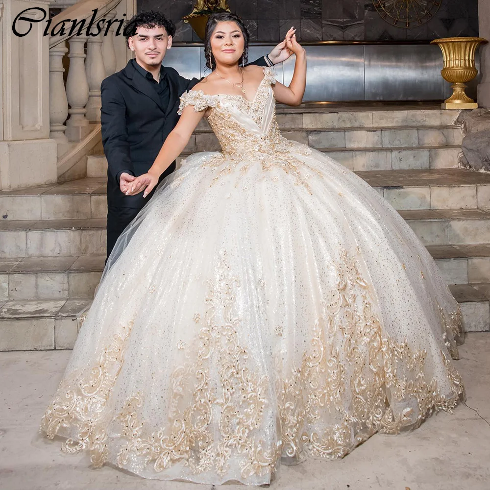 Vestido De baile De encaje con apliques De champán, quinceañera, con cuentas De cristal, hombros descubiertos, corsé, 15 Años