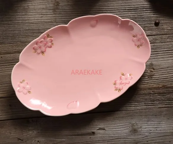 Relief cherry blossom ceramic fish plate, elliptical large plate, dining plate, cherry blossom tableware, and vegetable plate