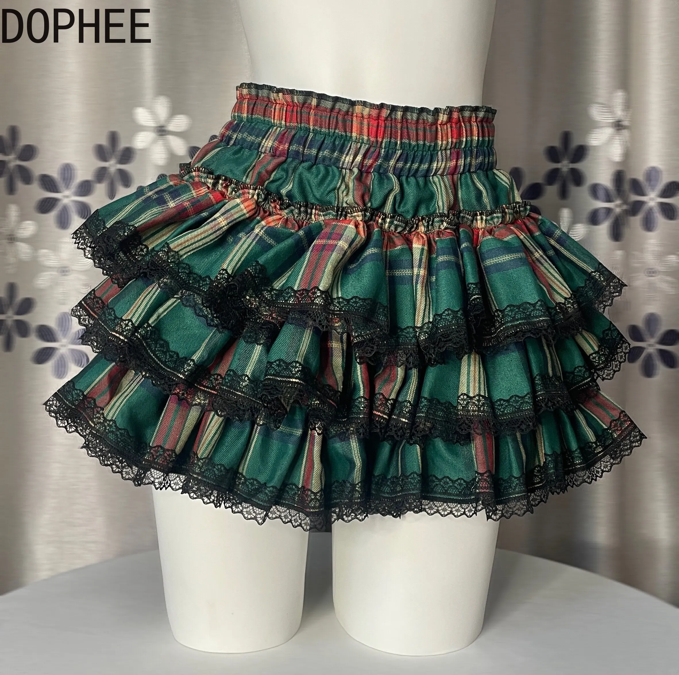 Original Color Blocking Subculture Plaid Short A-line Skirt Punk Style Spice Girls Elastic High Waist Lace Splicing Puff Skirts