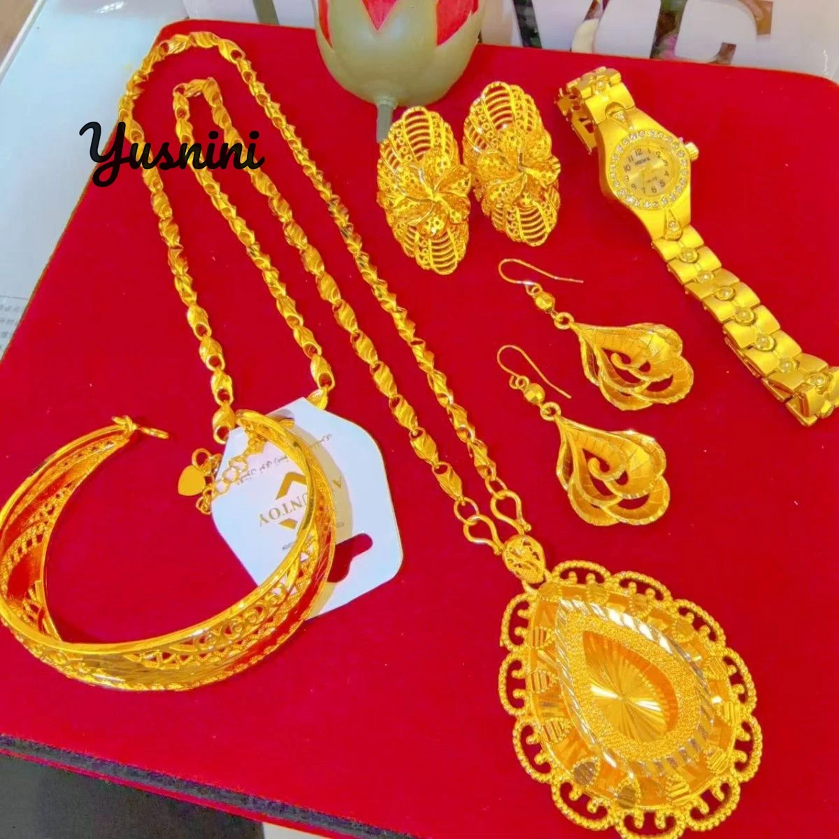 Fashion Dubai 24K Gold Plated High End Necklace Earrings Rings Bracelets Wedding Party Gift Jewelry Set DD11018