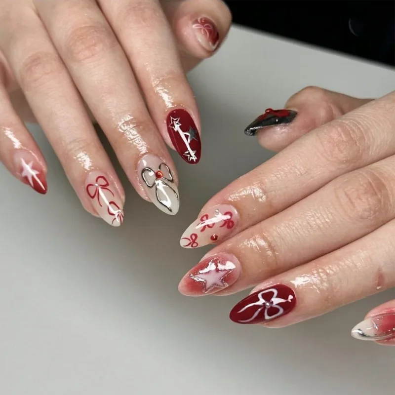 

24 Pcs Medium Short Press Ons Nails Acrylic Women Sweet Bow False Nails with Tools Realistic Nail Art Artificial Finger Nails