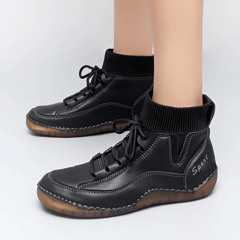 

Leather Men's Casual Shoes Handmade Sewing Street Style Round Toe High-Top Sneakers Autumn Winter Outdoor Unisex Women Boots