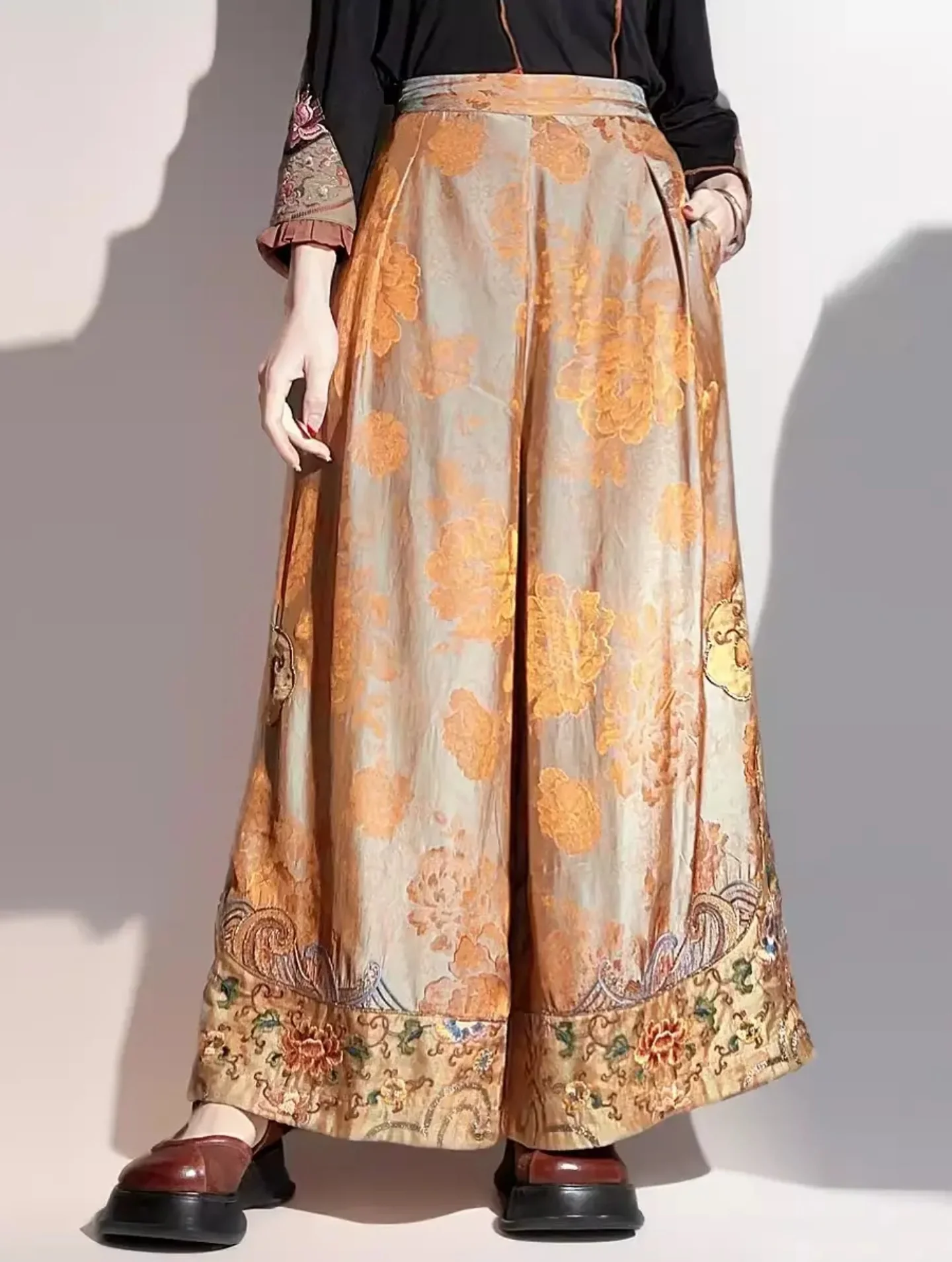 Chinese style wide-legged Pants Golden yellow Jacquard embroidery STRAIGHT trousers Natural silk high quality Woman clothing