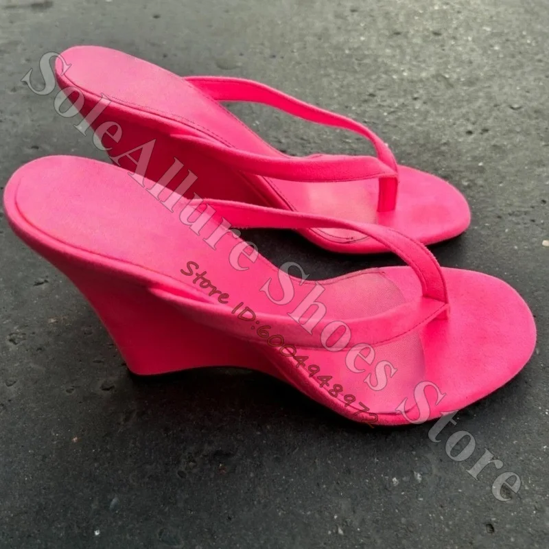 Hot Pink Faux Suede Wedge Mule Sandals Thong Flip Flop Open Toe Slip On Integrated Wedge Heel Summer Beach Vacation Sandals