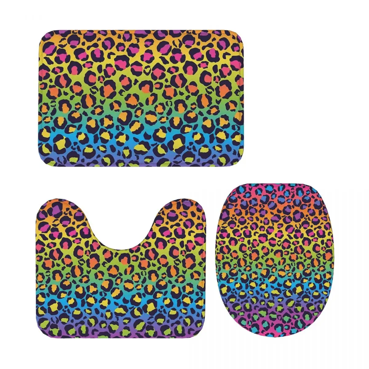 

Bright Rainbow Ombre Gradient Leopard Print Pattern 3 Piece Bath Mat Bathroom Set Toilet Lid Cover Home Decor Carpet Floor Rug