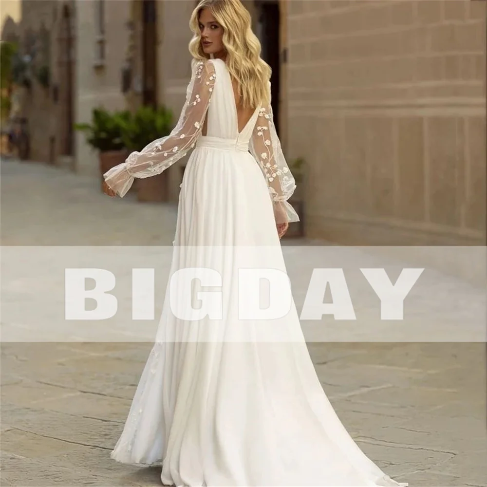 Elegant Wedding Dresses Women 2025 Lace V-Neck Open Back Long Sleeve Bridal Gowns Train Applique Vestidos De Noiva Customized