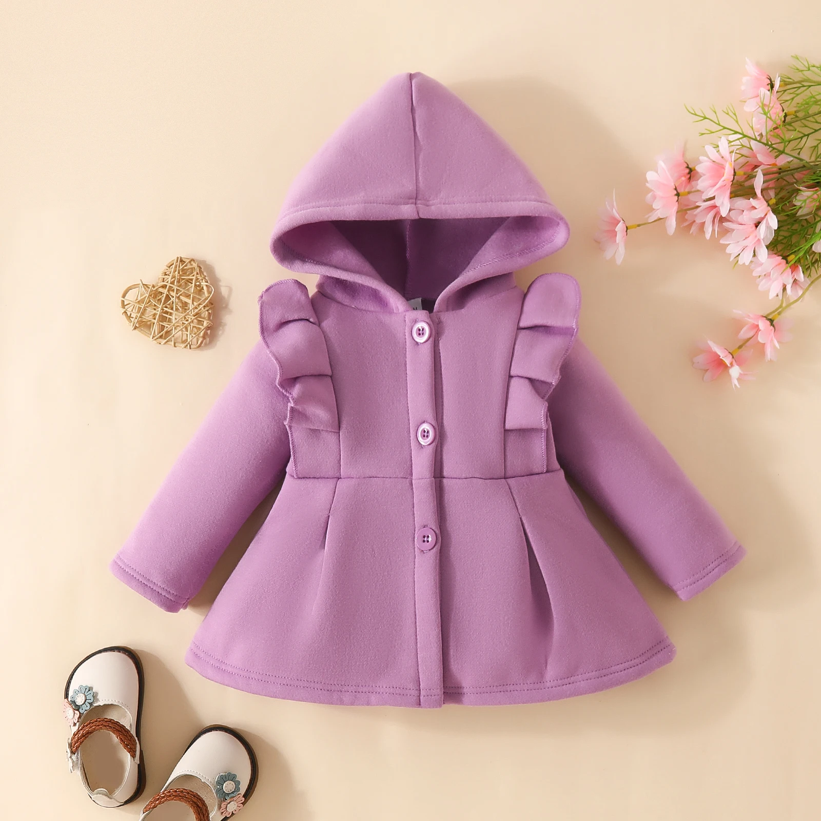 BabyGirl Ruffled Long Sleeve Fleecee Hooded Single Breasted CoatKids Clothes Autumn And WinterRecommended To Buy One Size Larger