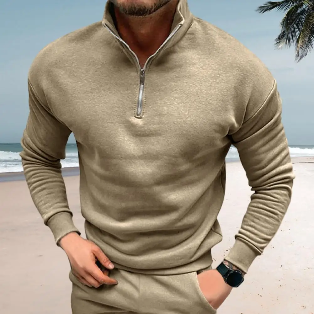 Men Top Soft Men Top Cozy Men's Fleece Pullover Stylish Stand Collar Windproof Elastic Cuffs Soft Warm Long Sleeve for Fall