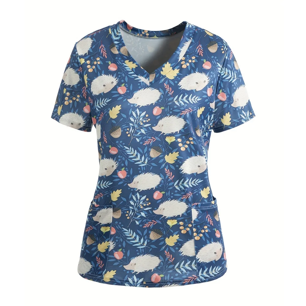 Uniformi chirurgiche Donna Adorabile animale Cartoon Stampa Veterinario Infermiera Top Moda Scollo a V Manica corta T-shirt Uniforme medica per le donne