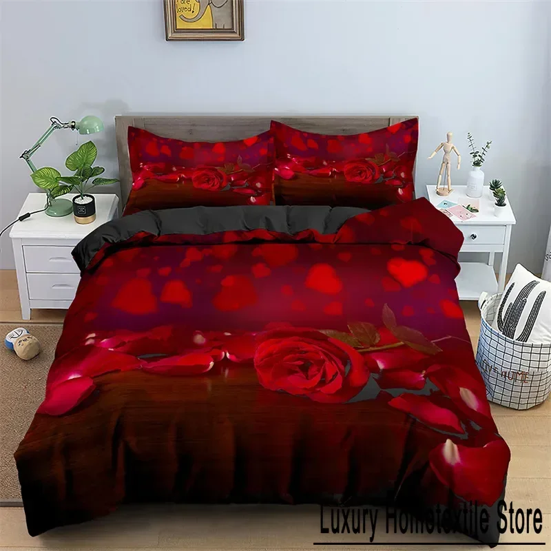 Floral Red Rose Romantic Flowers Valentine's Day Bedding Set Boys Girls Twin Queen Size Duvet Cover Pillowcase Bed Kids Adult