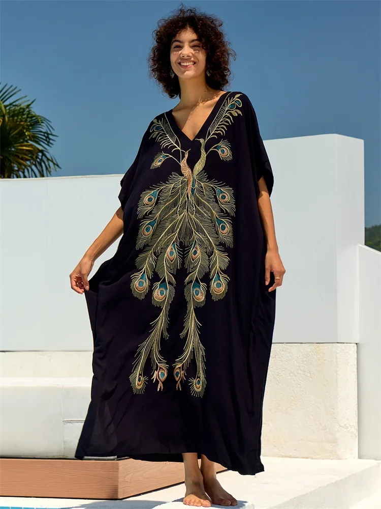 Chic Gold Phoenix Plume Embroidered Dress Plus Size Black Kaftan 2024 Summer Vacation Women Lounge Wear Swimsuit Cover Up Q1689