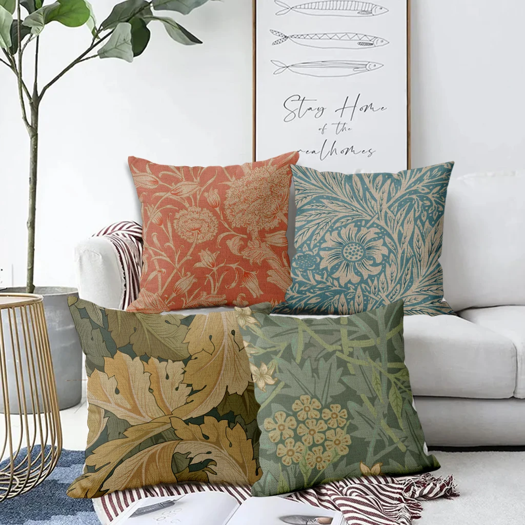 Bohemian Square Linen Cushion Cover, Vintage Flowers, Plants, Home Pillow Covers, Decorative, 40*40, 45*45