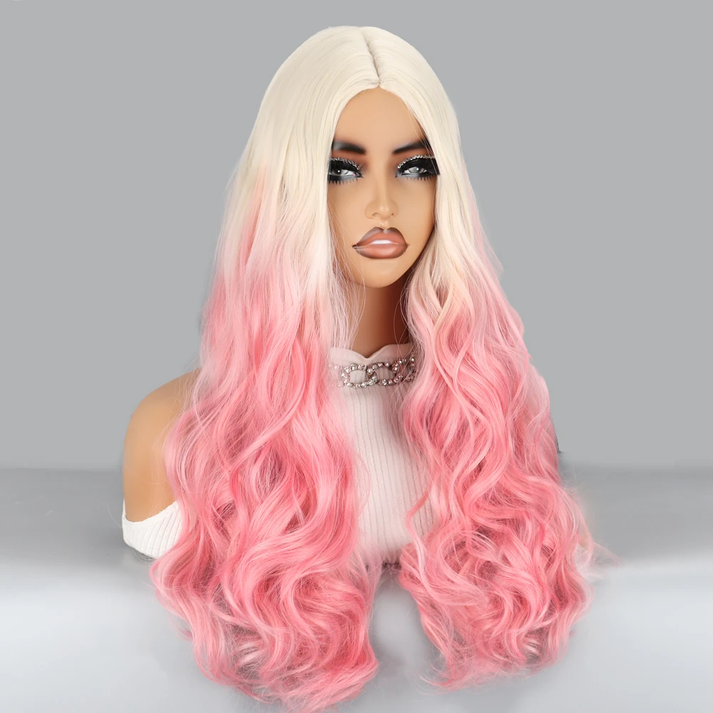 Ombre White to Pink Synthetic Wigs with Bangs Long Straight Layered Wig Colored Party Heat Resistant Hair for Women