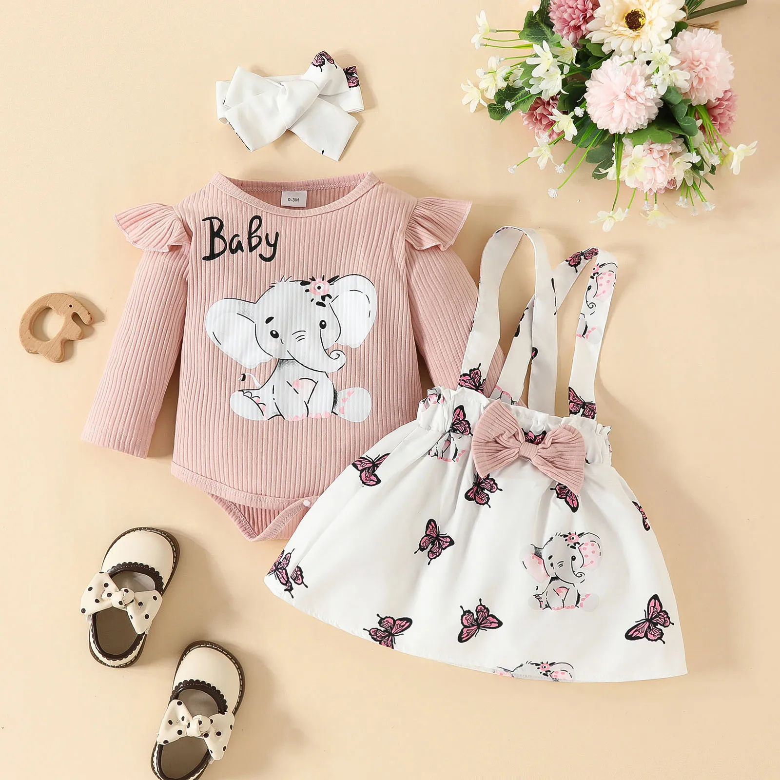 3 6 12 24 Months Infant Baby Girls Clothes Sets Cartoon Elephant Long Sleeve Rib Romper +Suspender Skirts+Headband 3Pcs Outfits