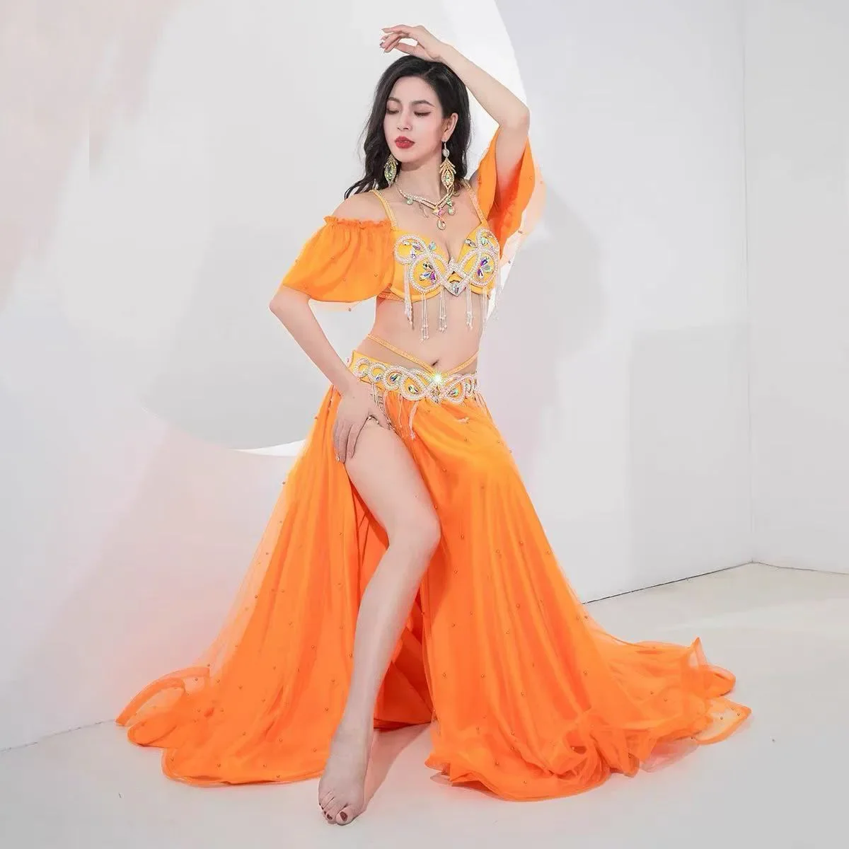 Dames Toneelvoorstelling Luxe Buikdansen Egyptische kostuums Oosterse stijl Strass BH, Chiffon Rok Buikdans 3st