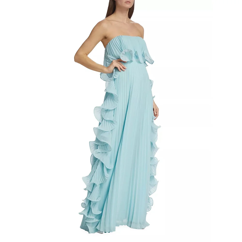 

Summer Spring New Style Elegant Ruffles High-end Strapless Sleeveless Sky Blue Backless Evening Dress