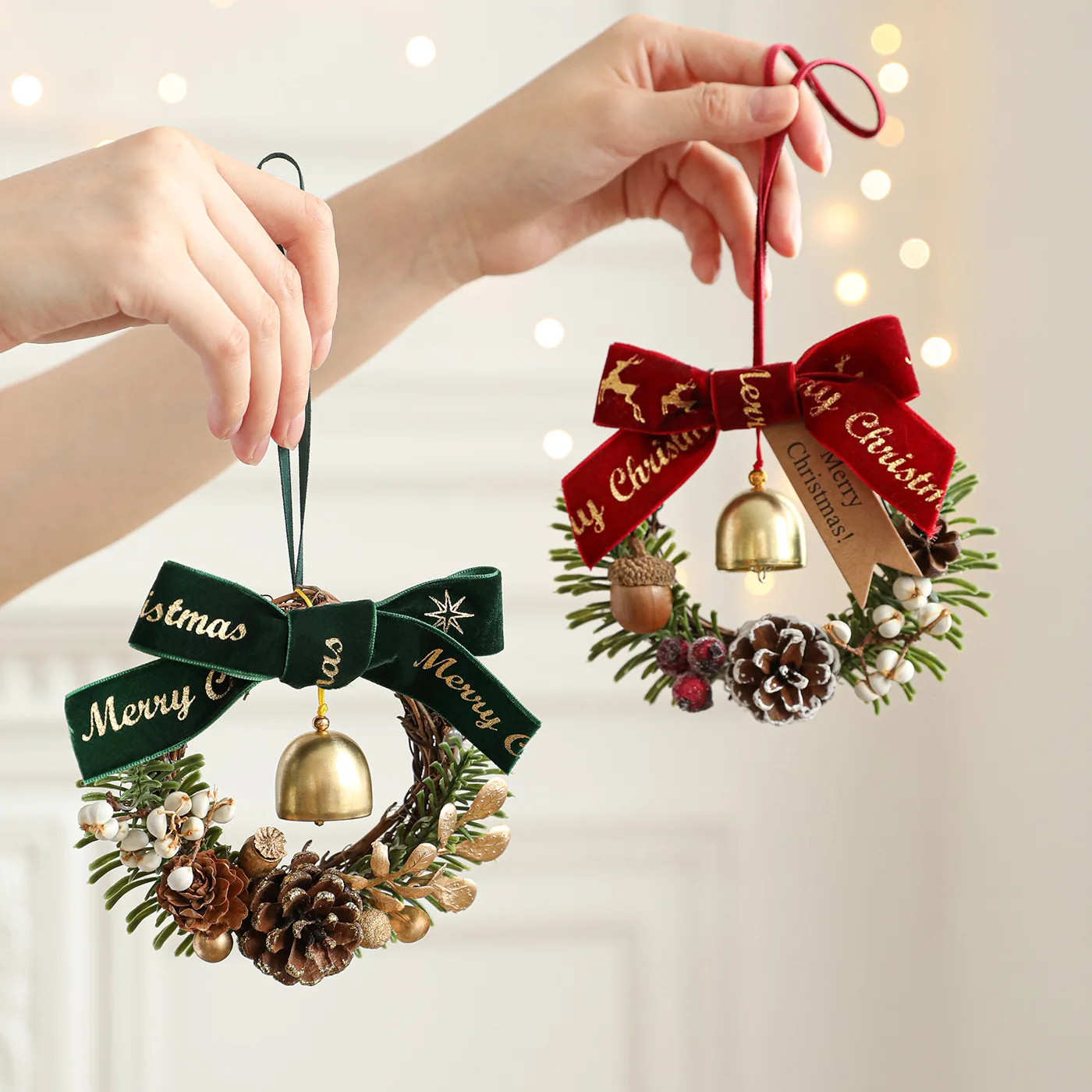 10pcs Hanging Christmas Decoration Bell Christmas Bow Bell Wreath Door Knob Hanging with Christmas Pinecone