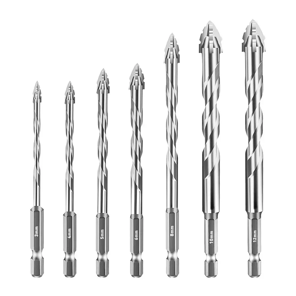 7pcs Four-Edged High Strength Eccentric Drill Bit Hex Shank Masonry Drill Bit For Glass Concrete Porcelain Brick Walls Driling
