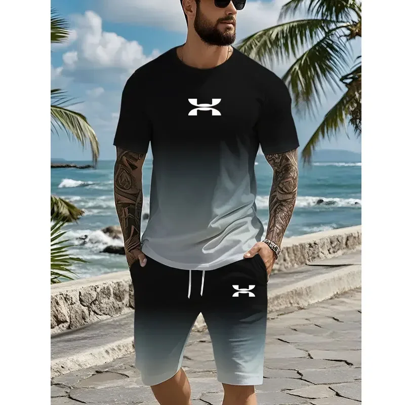 Nuevo conjunto de moda con estampado de corona 3D para hombre, camiseta informal de manga corta para todos los días, pantalones cortos deportivos para hombre de calle al aire libre