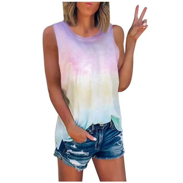 Summer Tie Dye Gradient 3D Print Tank Tops Women Fashion Streetwear Oversized O-Neck Vest Off Shoulder Sleeveless Woman Camisole