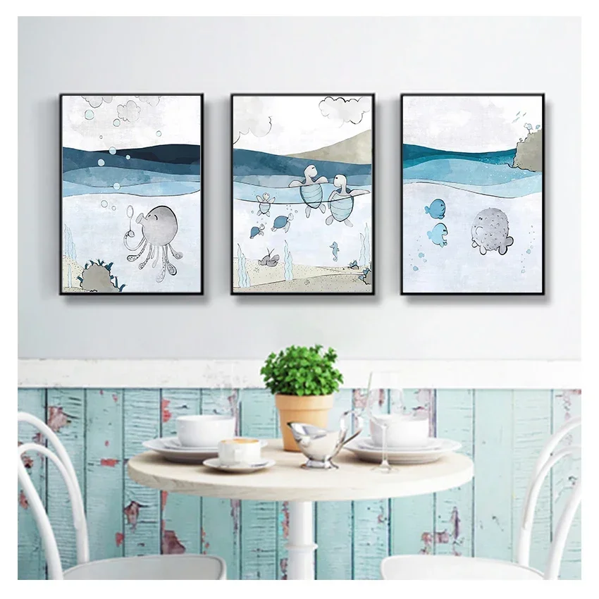 Cartoon Nordic Minimalist Wall  Print Canvas Painting Posters for Girl Boy Kids Room Decor Blue Sea Whale Turtle Octopus
