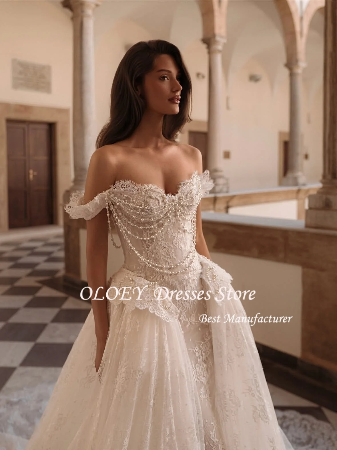 OLOEY Sweetheart Off spalla Perle Abito da sposa a sirena 2026 Splendido pizzo staccabile treno tromba abito da sposa personalizzato