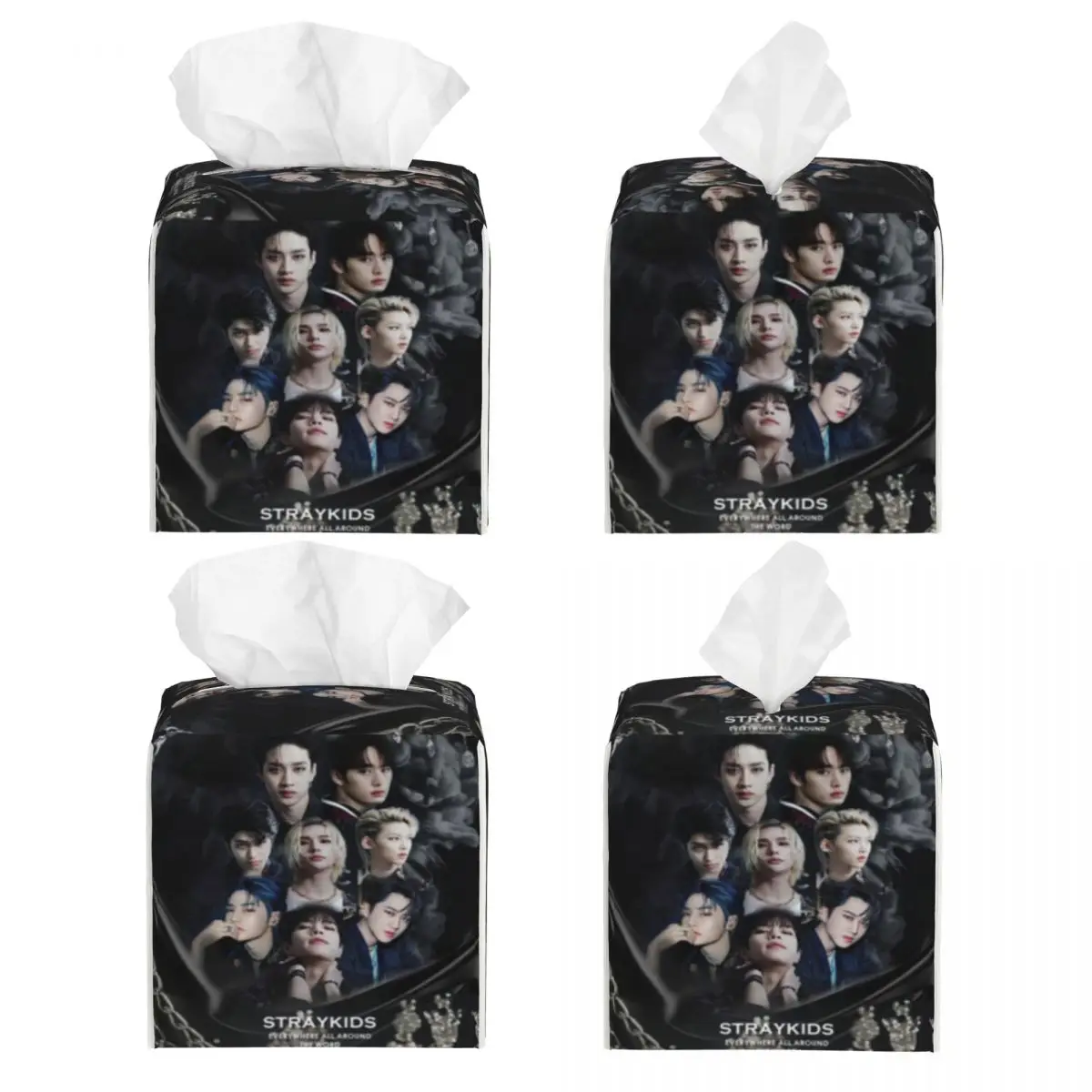 Custom Kpop Stray Kids Tissue Box Holder Square TV program Rock Fashion PU Leather Facial Tissue Box Cover for Car Bathroom